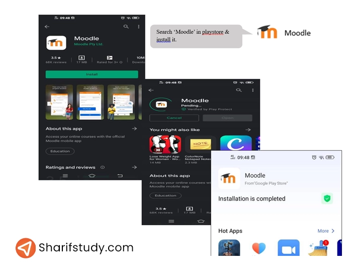 How to search and dl Moodle app in google playstore and Install it